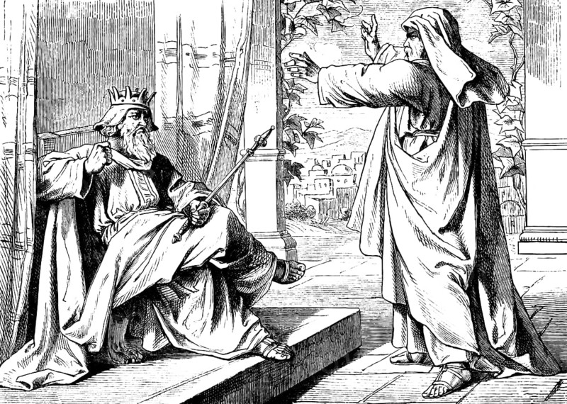 Elijah the Thisbiter announces drought, neither dew nor rain, Bach Krith, punishment, speech, judgment, First Book of Kings, chapter 17, Israel, God, Old Testament, Bible, historical illustration 1877