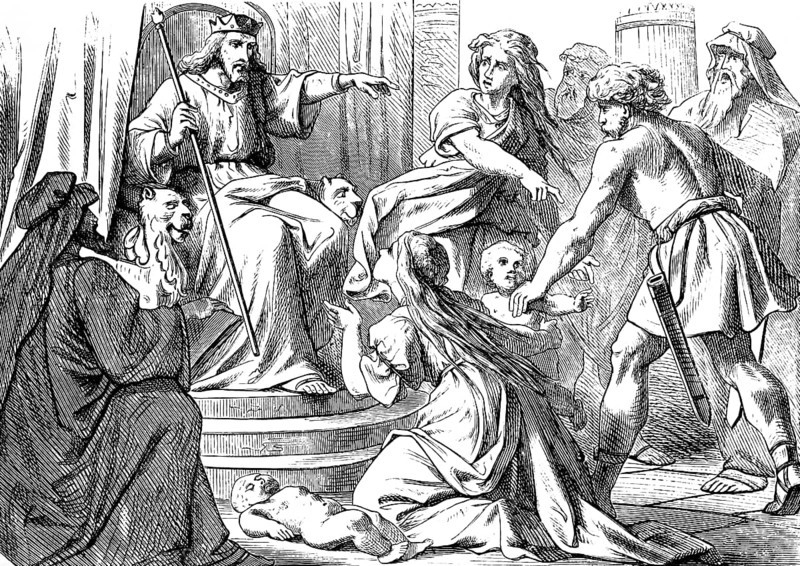 Solomon's Wise Judgment, First Book of Kings, Chapter 3, King Solomon, Throne, Group, Two Women, Two Babies, Quarrel, Sword, Child in Two, Maternal Heart, Mother, Wisdom of God, Israel, Judgment, Fear, Old Testament, Bible, Historical Illustration 1877