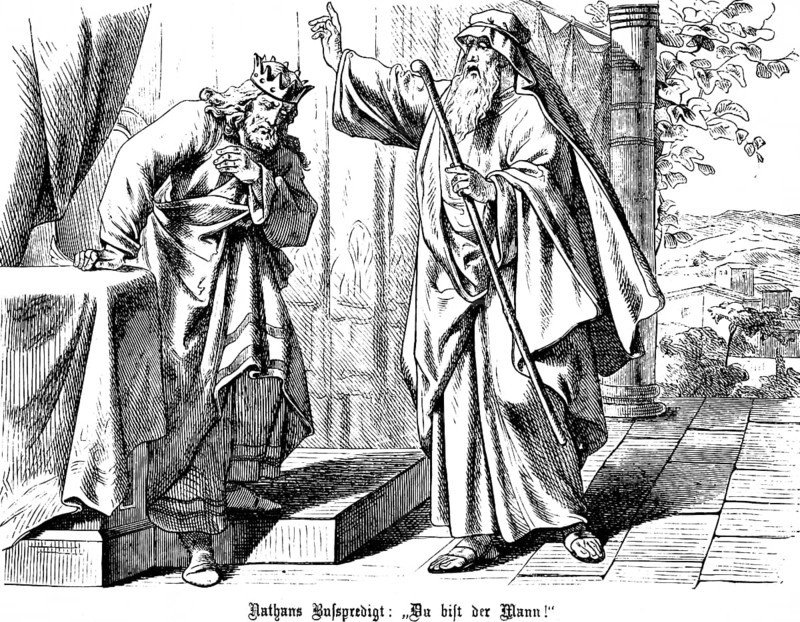 Nathan's repentance and repentance, you are the man, repentance, sermon, David, sin, confession, God, crown, landscape, staff, Second Book of Samuel, chapter 7, Old Testament, Bible, historical illustration 1877
