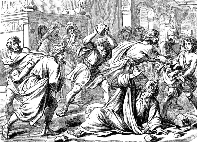 Why do you break the laws of the Lord? The Prophet Zacharia is stoned, Second Book of Chronicles, chapter 24, tumult, murder, stoning, throwing stones, killing, anger, Aetger, hate, crowd, king, lying, soil, Old Testament, Bible, historical illustration 1877