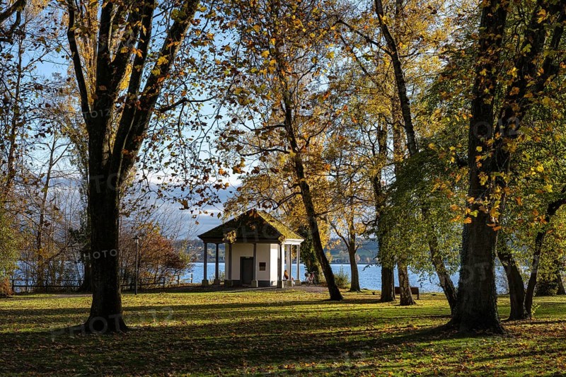 The Mettnaupark, surrounded by autumn vegetation, with the certificate house on the banks of Lake Constance, Mettnau peninsula, Radolfzell am Lake Constance, district of Konstanz, Baden-Württemberg, Germany