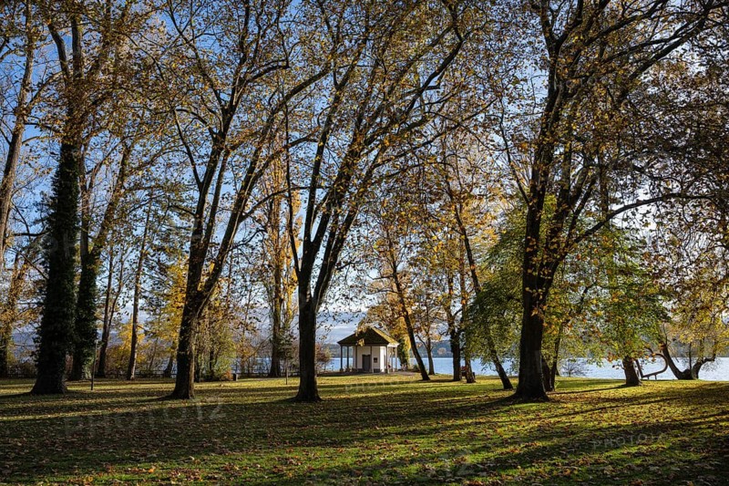 The Mettnaupark surrounded by autumn vegetation with the certificate house on the banks of Lake Constance, Mettnau peninsula, Radolfzell am Lake Constance, district of Constance, Baden-Württemberg, Germany