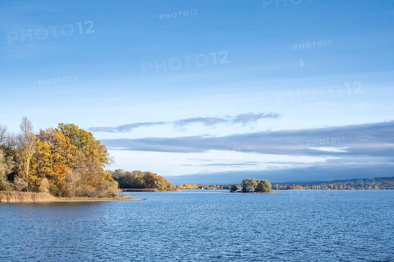 View of Lake Constance with Love Island, surrounded by autumn vegetation, on the horizon the island of Reichenau, Mettnau peninsula, Radolfzell am Lake Constance, district of Konstanz, Baden-Württemberg, Germany