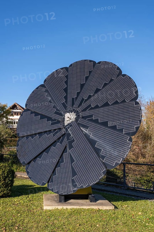 Smart Flower, a sculptural, free-standing all-in-one solar system whose solar modules unfold like a sunflower to automatically follow the position of the sun, Radolfzell am Lake Constance, district of Konstanz, Baden-Württemberg, Germany