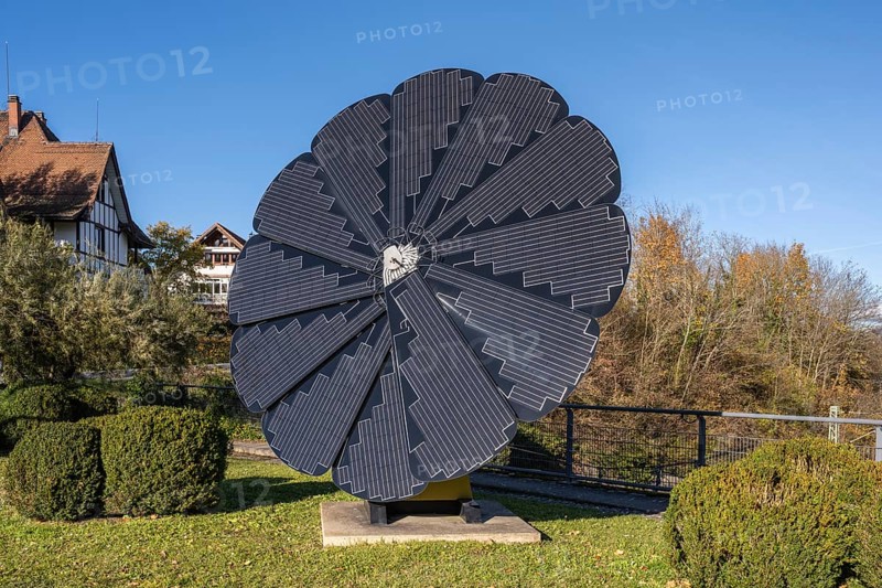 Smart Flower, a sculptural, free-standing all-in-one solar system whose solar modules unfold like a sunflower to automatically follow the position of the sun, Radolfzell am Lake Constance, district of Konstanz, Baden-Württemberg, Germany