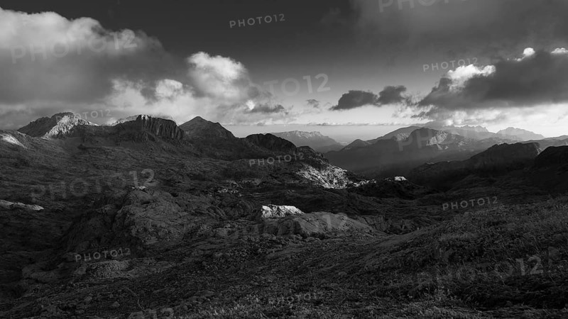 Early morning view from the Wildalmkirchl bivouac across the Steinerne Meer to the Hagen Mountains, monochrome, Berchtesgaden National Park, Berchtesgaden Alps, between Bavaria and Austria