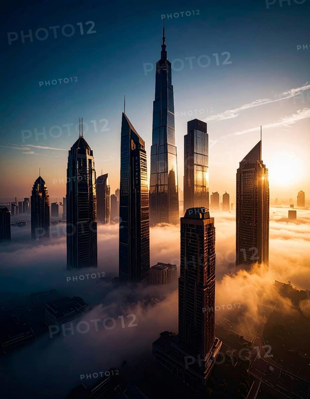 City scape emerging from a dense enveloping fog in sunrise and skyscrapers piercing the haze, big metropolis with skyline, mist on ground, blue sky, city in an aerial view, AI generated
