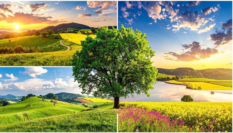 Collage of spring and summer landscapes, blooming flowers, green meadows and trees, hilly landscape with mountains, blue cloudy sky with sunrise or sunset, wallpaper illustration for banner or template background, AI generated
