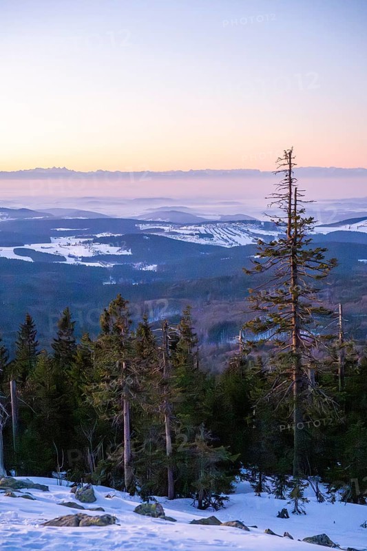 View from Mount Lusen over the hills of the bavarian forest at sunrise in winter, Bavaria, Germany