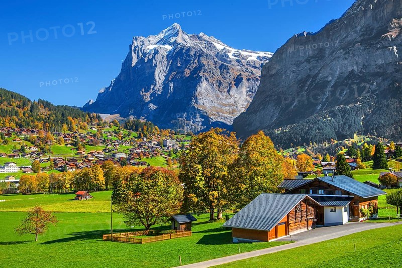 Autumn landscape with village overview and Wetterhorn 3690m, Grindelwald, Lütschinental, Bernese Oberland, Canton of Bern, Switzerland