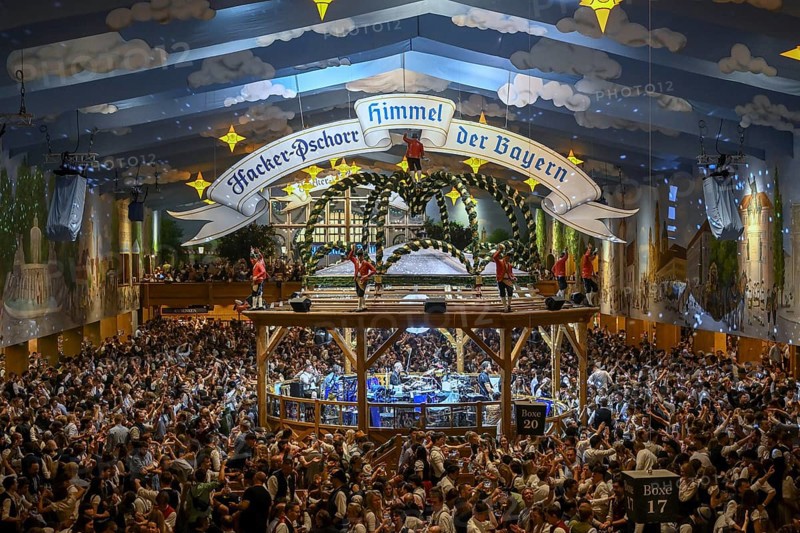 Hacker-Pschorr festival tent, Bavarian sky, interior view, Oktoberfest, Munich, Bavaria, Germany