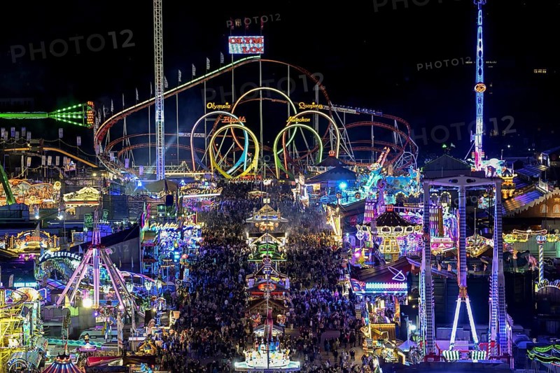 View of Oktoberfest from St. Paul's Catholic Church, Blue Hour, Munich, Bavaria, Germany