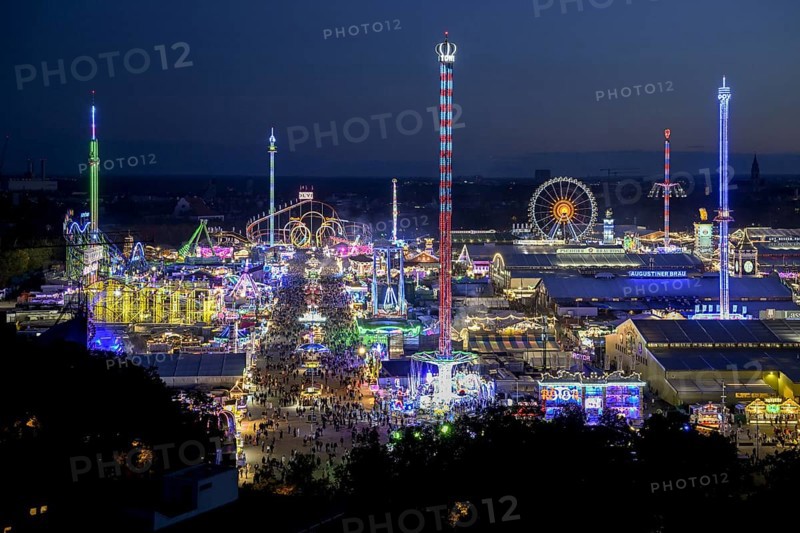 View of Oktoberfest from St. Paul's Catholic Church, Blue Hour, Munich, Bavaria, Germany