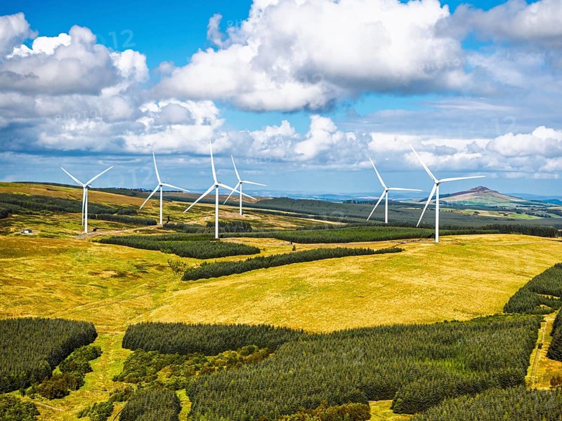 Wind Farm from a drone, Roxburghshire, Roxburgh, Southern Uplands, Scotland, UK