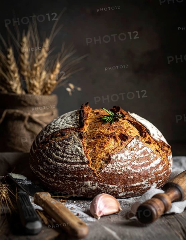 Rustic loaf of whole grain bread, fresh baked, close up of bread on dark wooden table, golden rust, soft lighting with blurred background, symbol for bakery and agriculture, healthy eating background, AI generated