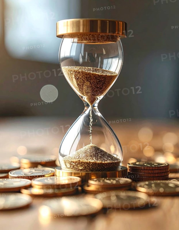 Hourglass and stacked golden coins, illustrating currency fluctuation and time impact commodities value, symbolizing fluctuating finance market changes, business setting, glass with sand on wooden table in the office, blurred background, wallpaper illustration, AI generated