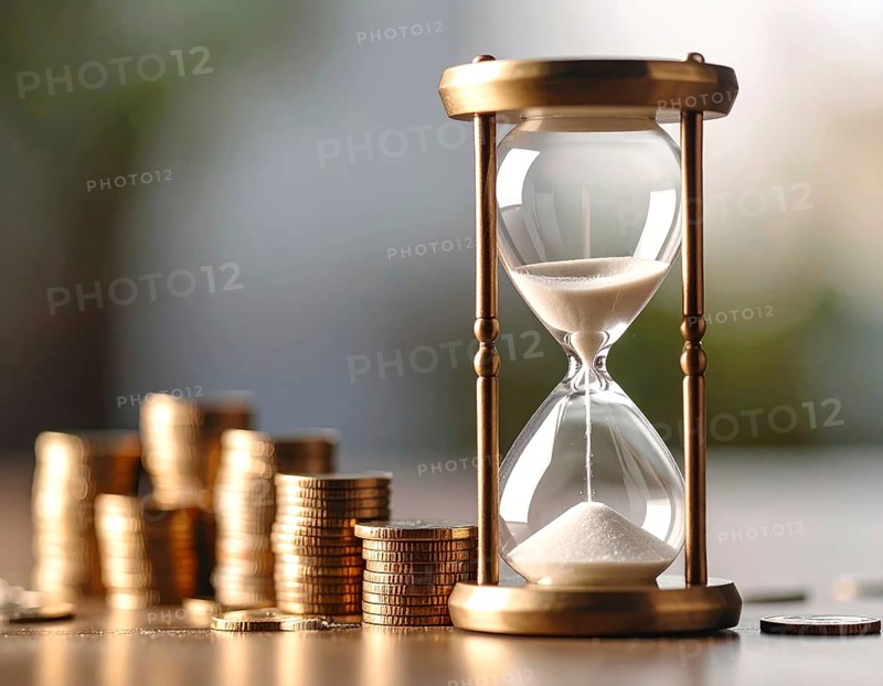 Hourglass and stacked golden coins, illustrating currency fluctuation and time impact commodities value, symbolizing fluctuating finance market changes, business setting, glass with sand on wooden table in the office, blurred background, wallpaper illustration, AI generated