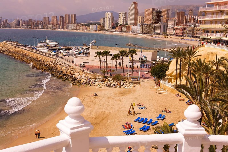 Seafront, skyscrapers, skyscrapers, Klein-Manhattan skyline, Playa Levante, Mediterranean Sea, Benidorm, Valencia (region), Spain
