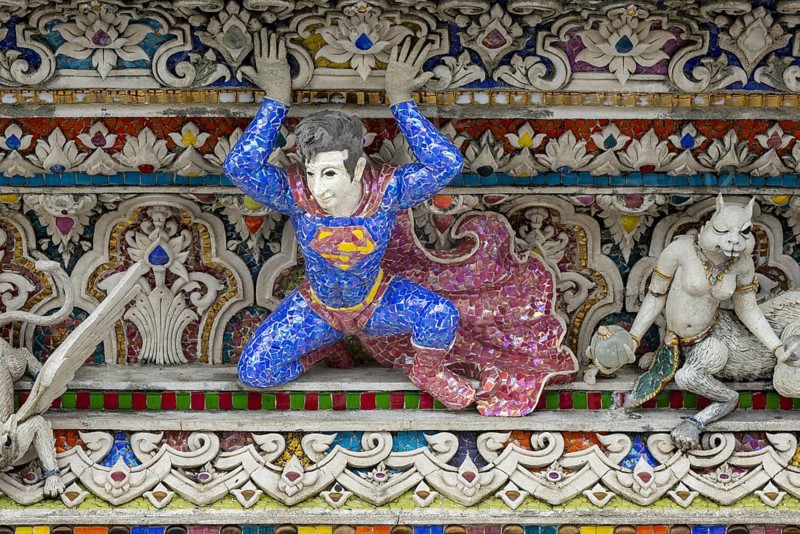 Decorative elements with pop culture references (for example comics, superheroes) in the stucco and porcelain vases outside and inside the art hall with modern art trends such as minimalism and abstraction, Wat Pariwat, Yan Nawa district, Bangkok, Thailand
