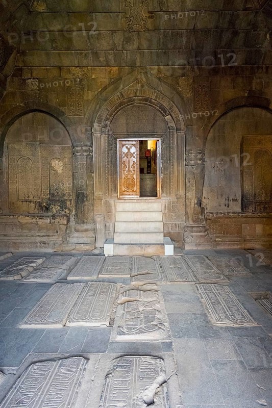 Stone burial chamber with carved tombstones and door to the interior, Noravank Monastery, Surb Karapet Baptist Church, Noravank, Vayots Dzor Province, Wajoz Dzor, Armenia, Caucasus