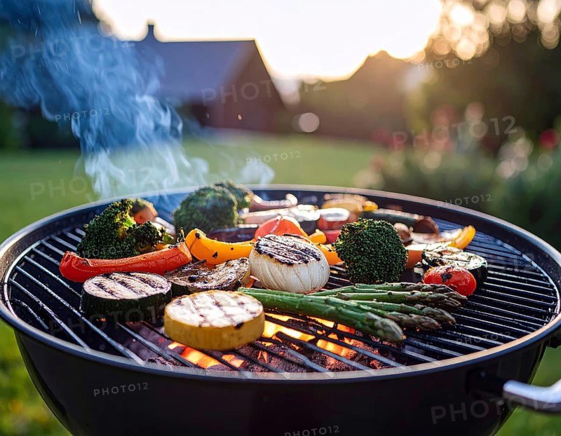 Cooking vegetables on grill outdoors, healthy lifestyle with healthy food, close up of grill with blurred background, soft golden light, picnic in the green park or garden, no people, AI generated