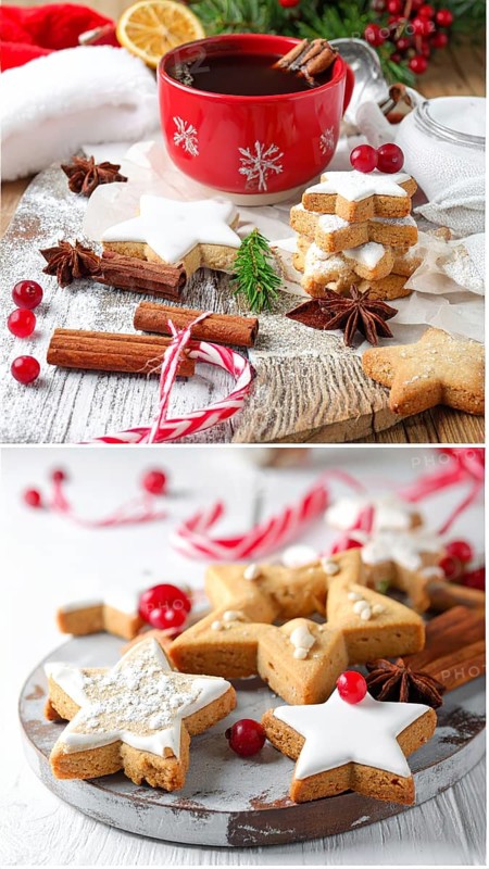 Collage of Christmas cookies and sweets, variation of sweet desserts, lots of unhealthy calories, soft golden light, festive wallpaper background, AI generated