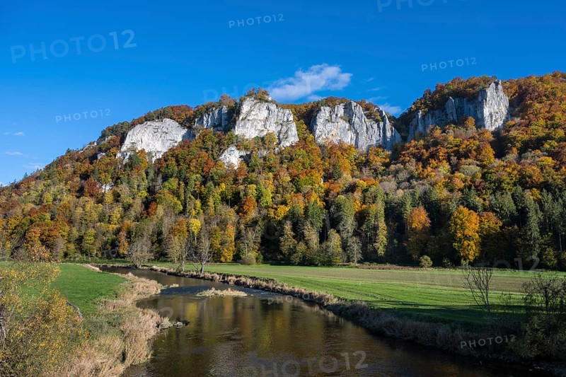 View across the Danube to the distinctive Hausener Zinnen, climbing rocks, Jurassic limestone cliffs, Weissjura, Jura rocks, limestone rocks, surrounded by autumnal vegetation, Hausen im Tal, Upper Danube Valley, Baden-Württemberg, Germany