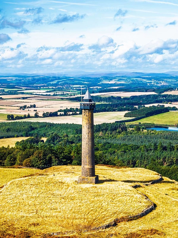 Waterloo Monument over Scottish fields and farms from a drone, Jedburgh, Scotland, UK