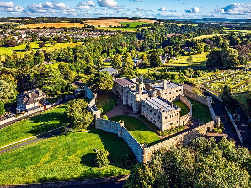 Jedburgh Castle from a drone, Jedburgh, Scottish Borders, Scotland, UK