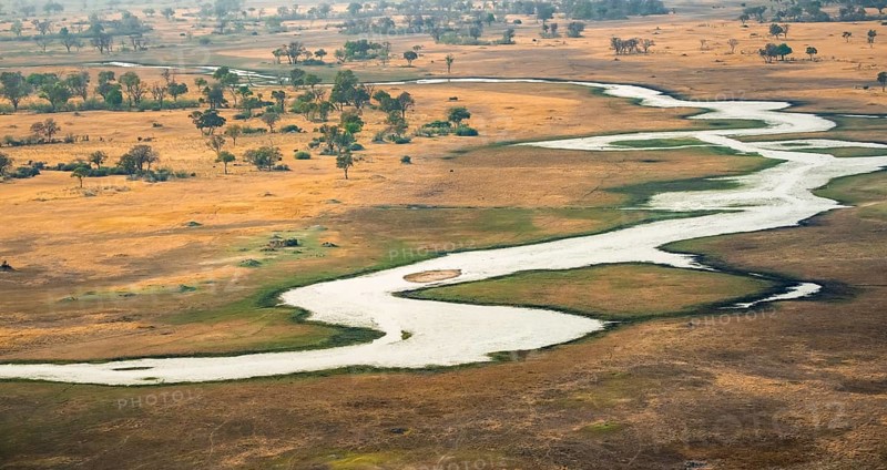 River landscape, idyllic river course, savanna, aerial view, Okavango Delta, Botswana