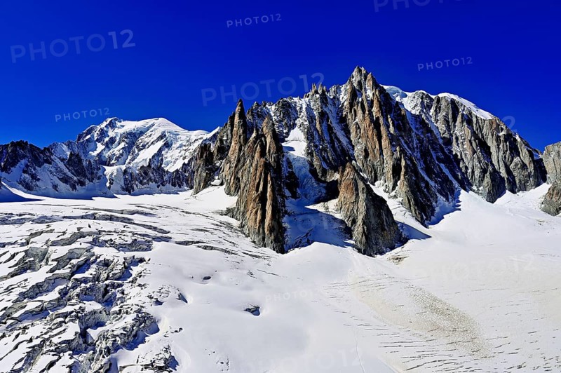 View of the mountains from the Télécabine Panorama Railway, Mont Blanc, Le Mont Blanc du Tacul, in the foreground the glacier du Géant, Chamonix-Mont-Blanc, Haute-Savoie, France