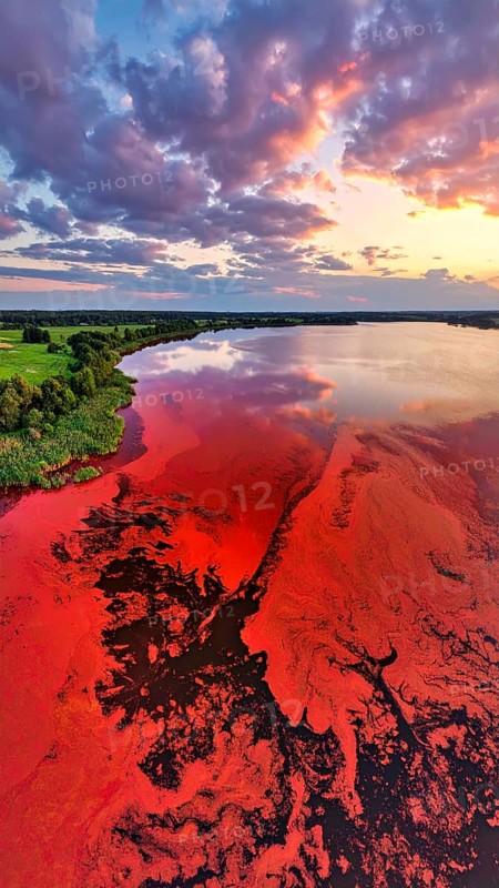 Red algae plant on the lake. abstract ecology nature concept, wild landscape with vibrant red colored water and green forest on a sunny day in summer, Aerial view, wilderness nature with no people around, AI generated
