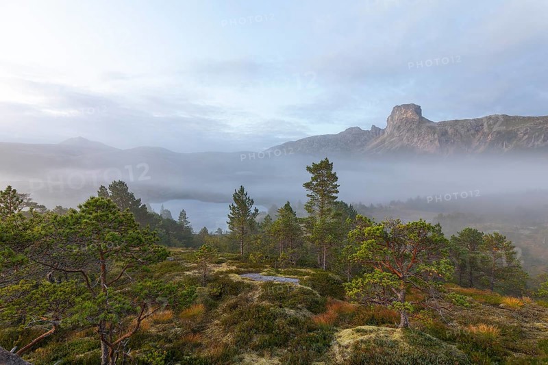 Magical morning fog on Steigtindvatnet in front of the majestic Steigtinden in Norway near Bodø