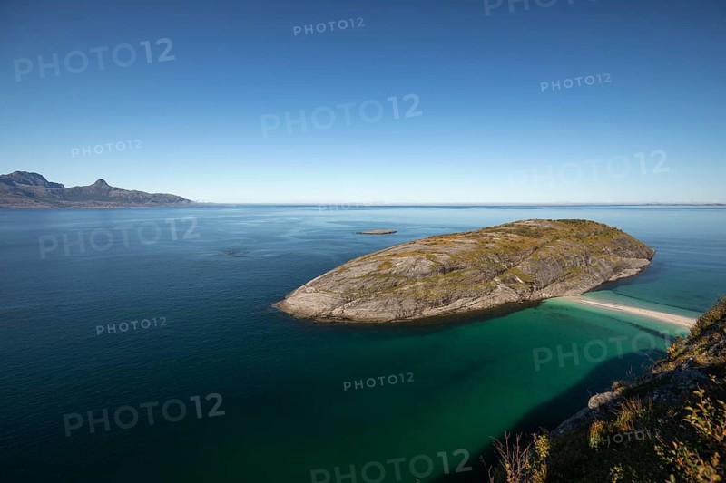 Sunny day and turquoise blue sea at Hovdsundet near Bodø, Nordland, Norway