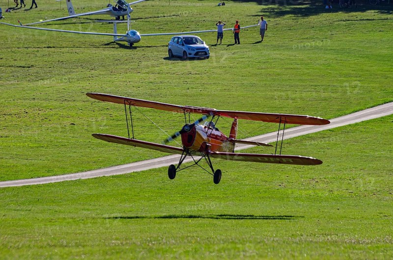 A Stampe-Vertongen SV-4A double-decker registered with HB-UPR during a flight demonstration as part of an air show on Rossfeld in Metzingen-Glems, Baden-Württemberg, Germany, for editorial use only