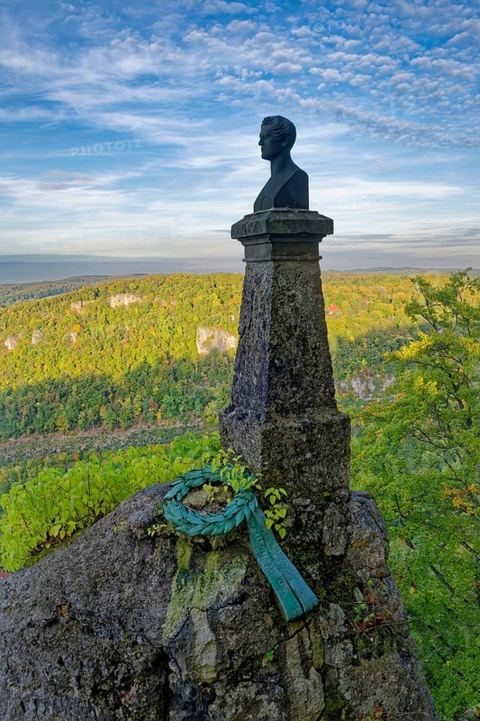 Wilhelm Hauff Memorial, memorial stone for Wilhelm Hauff, Romantic writer and fairy tale poet, Lichtenstein Castle, also known as Württemberg's fairytale castle, built in the style of historicism, Lichtenstein, Swabian Jura, Baden-Württemberg, Germany