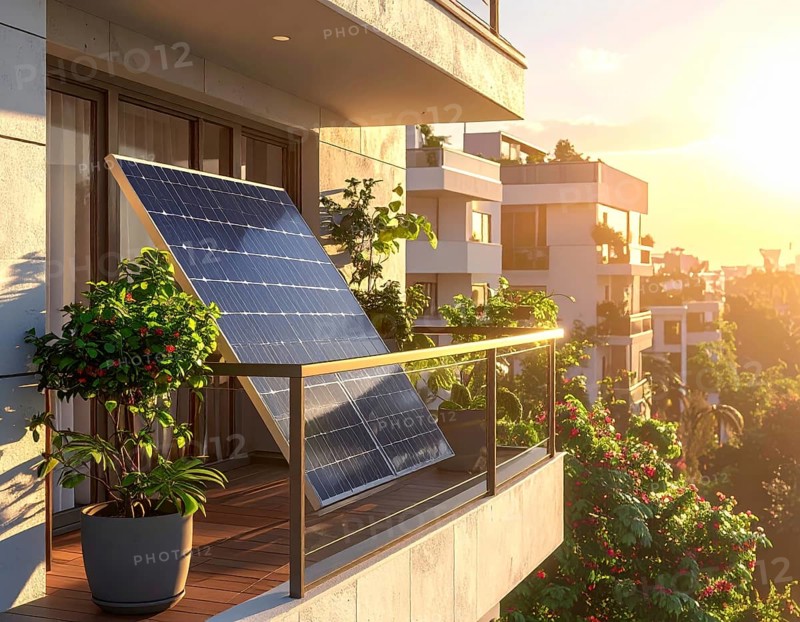 Sunlight Glinting Off Solar Panels on Contemporary Apartment Balcony, energy solution, concept of sustainable energy and environment protection, AI generated