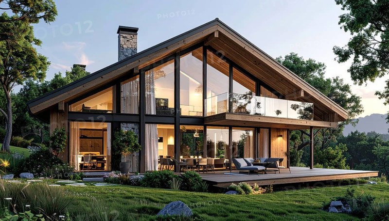 Modern Extension on a Traditional Cottage with Glass and Wood Architecture, green garden with plants and trees in the wilderness, evening soft twilight, on a clear sky, lights insight, AI generated