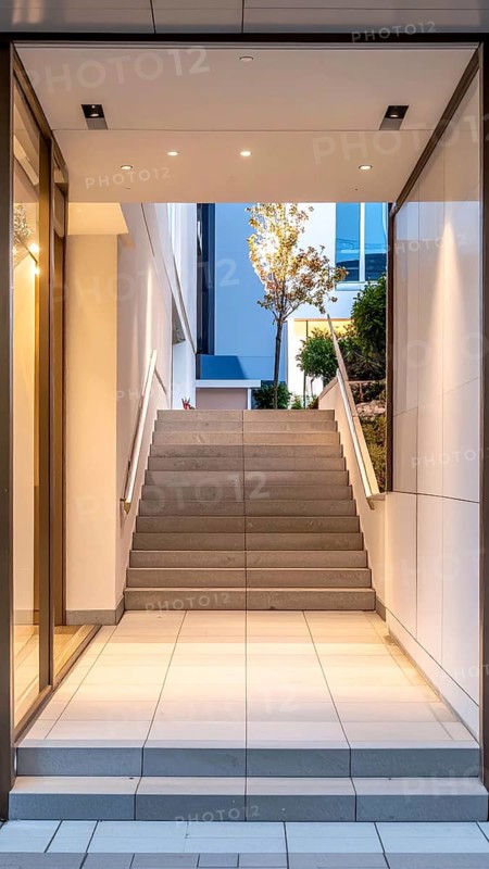 Modern building entrance with stairs, glass facade, and plants in warm evening light, empty storefront entrance with a gently stairs access, modern building with glass facade, blurred background, soft sunlight at evening, no people, AI generated
