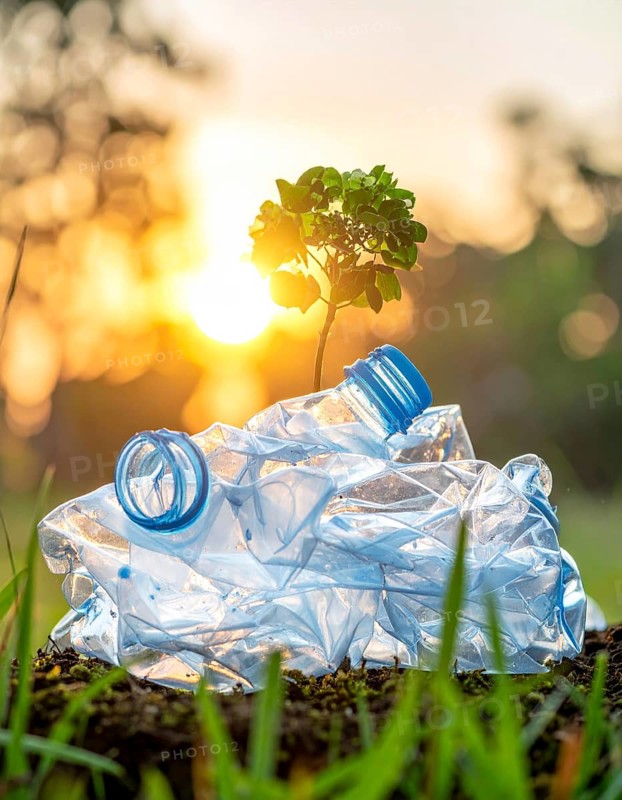 Crushed plastic water bottle waste in a wild landscape, symbol for nature protection, waste avoidance, recycling and ecology concepts on earth environment, AI generated