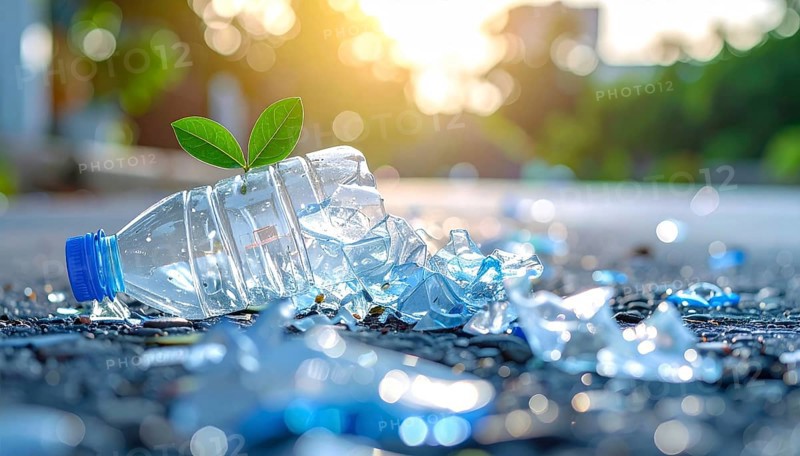 Crushed plastic water bottle waste in a wild landscape, symbol for nature protection, waste avoidance, recycling and ecology concepts on earth environment, AI generated