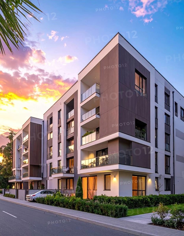 New modern block of flat, condo architecture, Residential apartment as a flat, luxury house complex, City real estate property, green garden plants in front, clear blue sky with golden evening light, AI generated