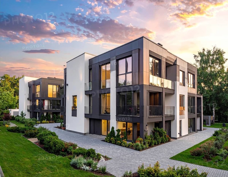New modern block of flat, condo architecture, Residential apartment as a flat, luxury house complex, City real estate property, green garden plants in front, clear blue sky with golden evening light, AI generated