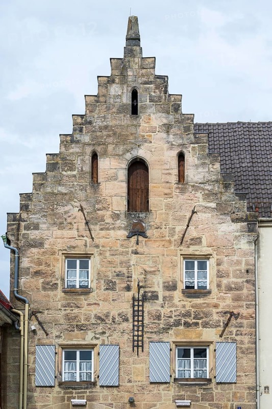 Stone Kemenate, fire station, Gothic construction, stairway, Upper Old Town, Kronach, Upper Franconia, Bavaria, Germany