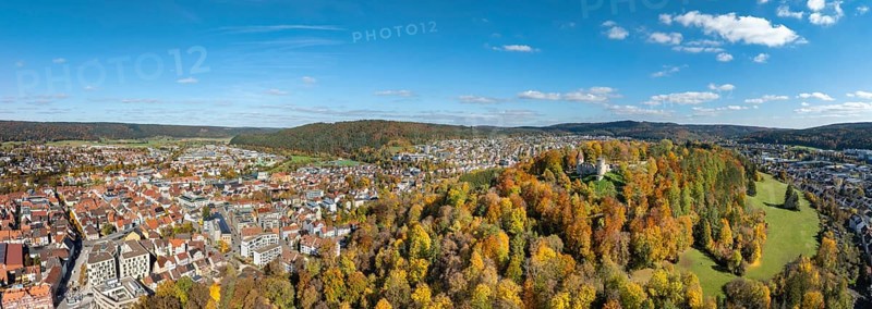 Aerial view, panorama of the ruins of Honburg Castle on the Honberg above the town of Tuttlingen, surrounded by autumn vegetation, Tuttlingen district, Black Forest, Baar, Heuberg, Baden-Württemberg, Germany