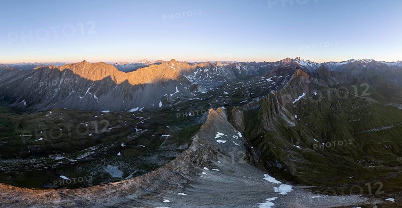 Sunrise 360° Alpine panorama, aerial view of Bachlenkenkopf, summit of the Großvenediger, Venediger Group and Lasörling Group, Hohe Tauern, Austria