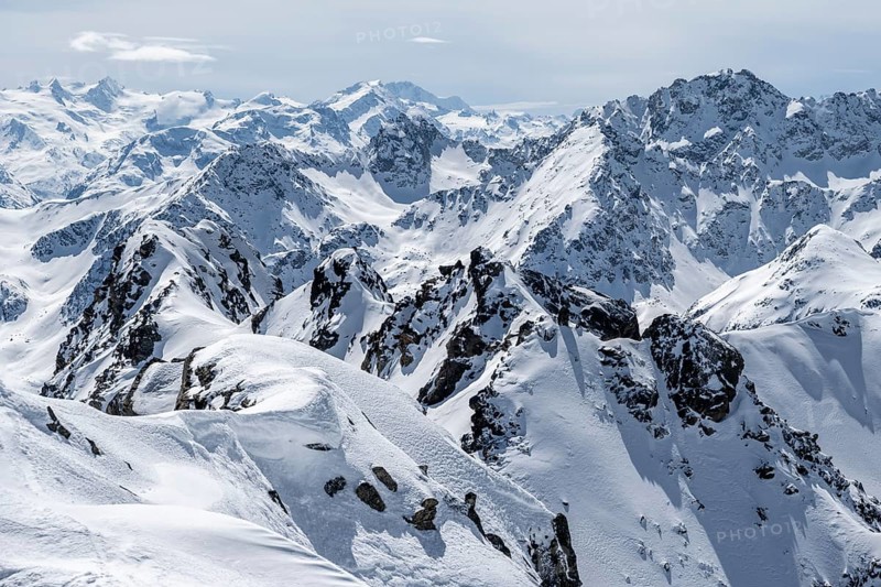 View of mountain panorama, mountain landscape in winter, Albula Alps, Rhaetian Alps, Graubünden, Switzerland