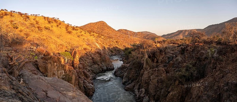 Epupa Falls, sunset at Epupa Waterfalls, Kaokoveld, Namibia