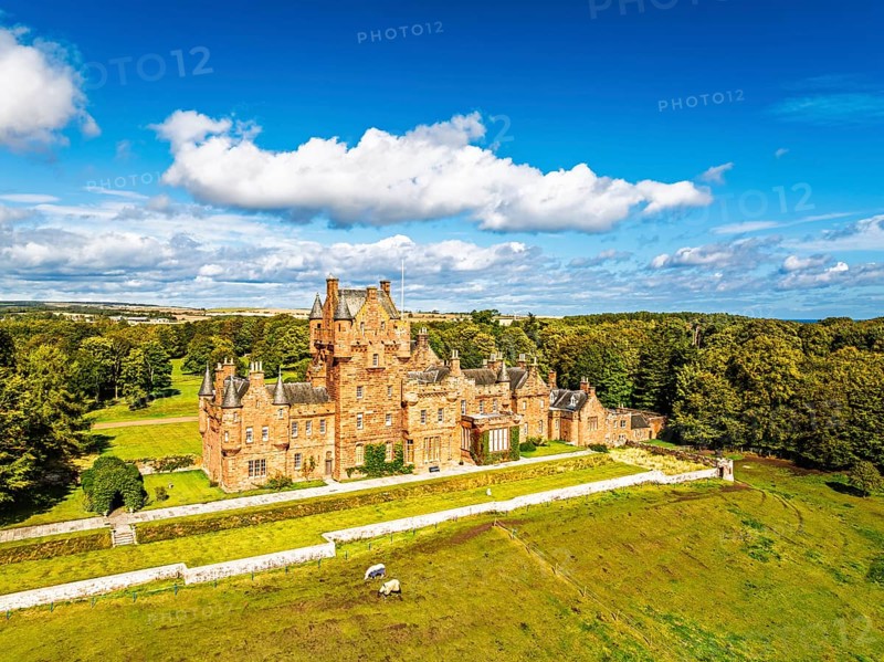 Ayton Castle from a drone, Ayton, Eyemouth, Scottish Borders, Scotland, UK