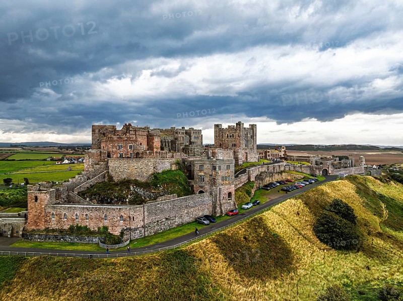 Bamburgh Castle from a drone, Northumberland, Northeast Coast, England, United Kingdom